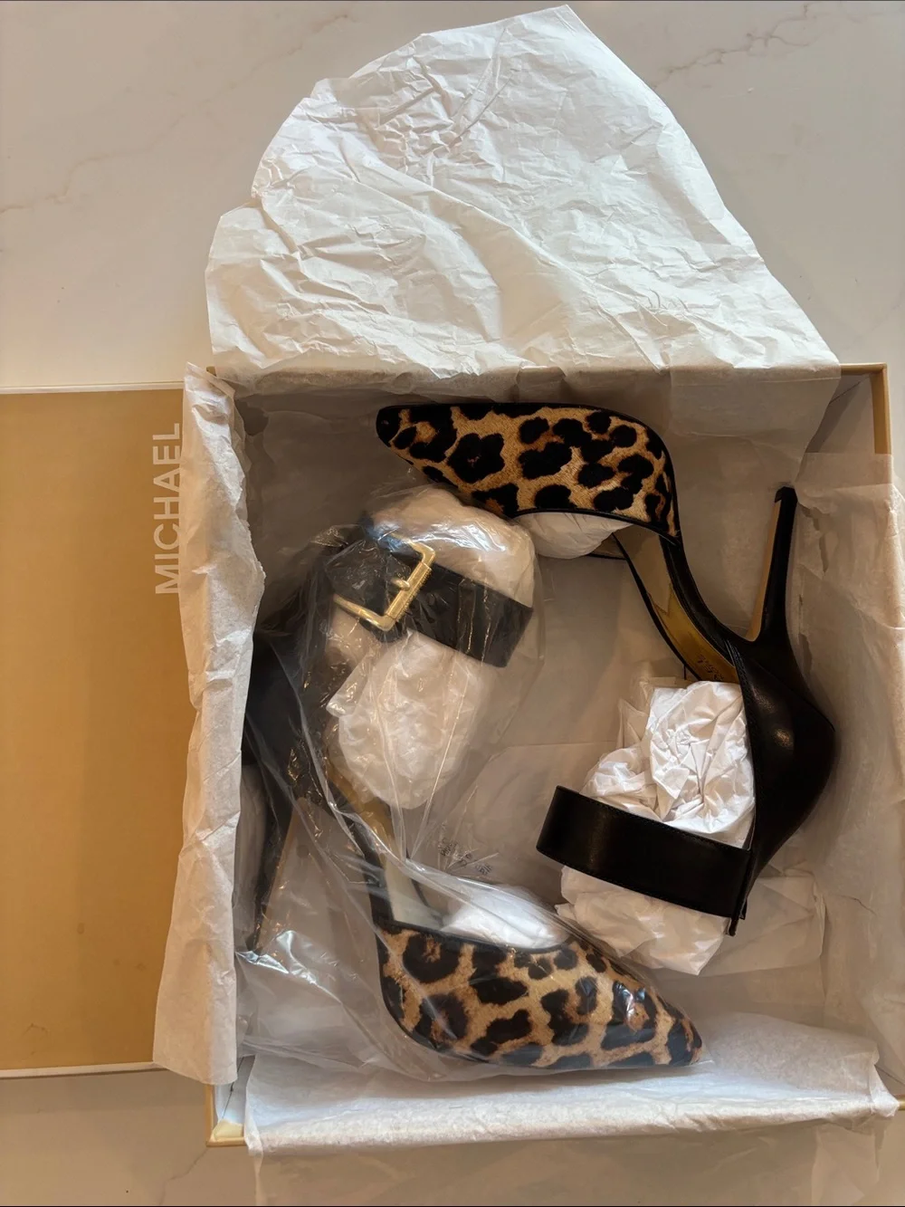 Michael Kors Leopard Print Pointed Toe Ankle-Strap Heels in Natural